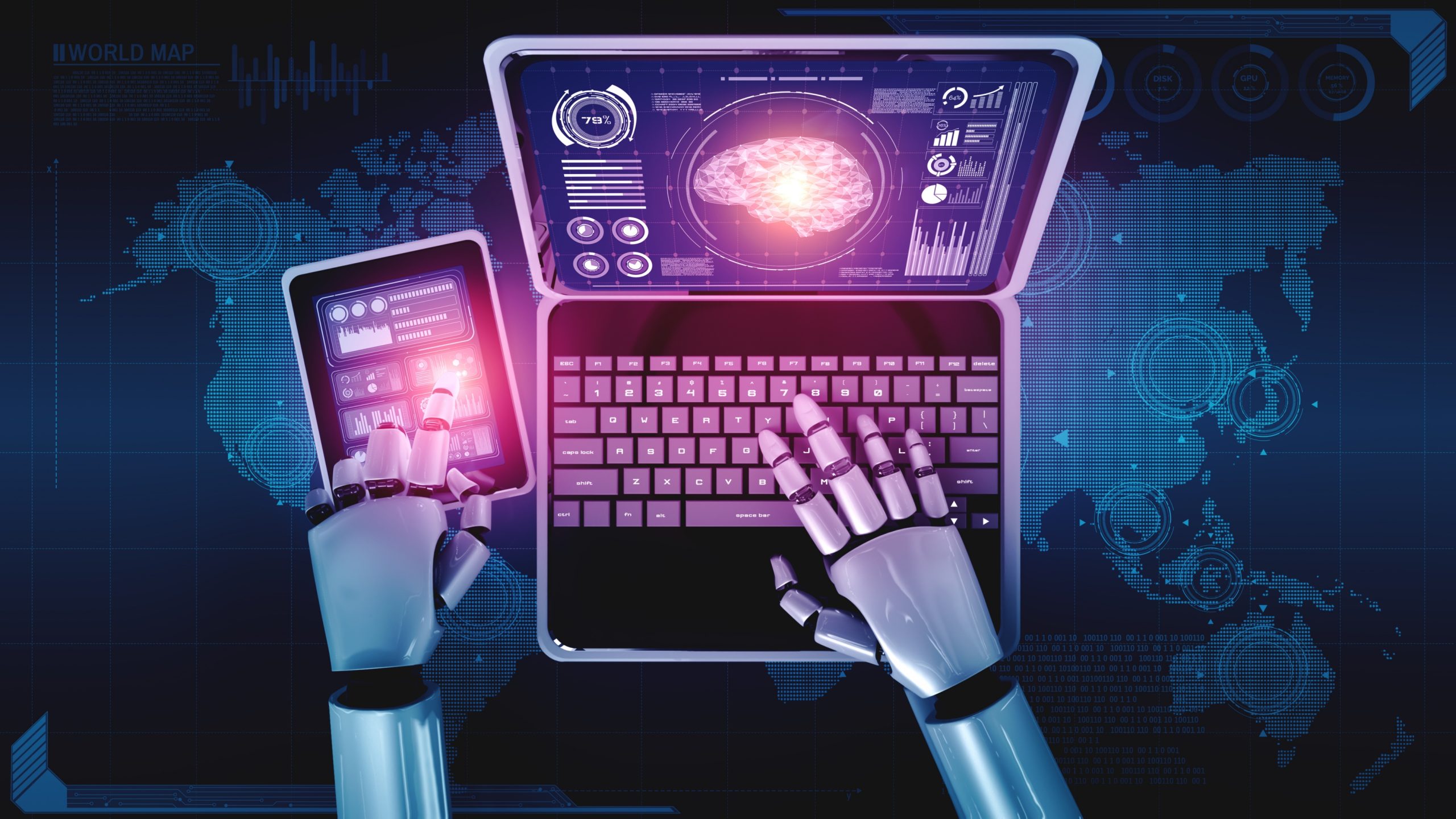 Robot humanoid use laptop and sit at table in concept of AI thin
